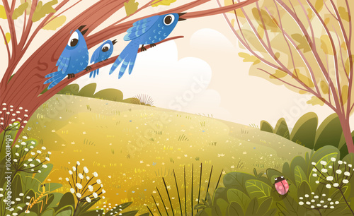 Forest nature with trees and grass clearing. Birds sitting on the branch of the tree. Empty Wilderness background, grass lawn and trees, no people scene. Vector cartoon nature wallpaper illustration.