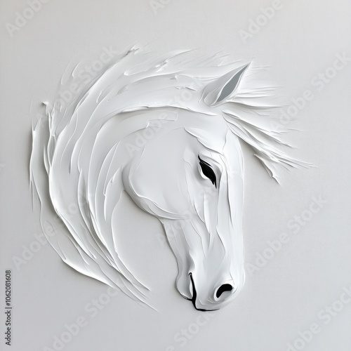 A white horse head with a black nose and a white mane. The horse head is cut out of paper and is placed on a white background photo