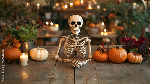 A vibrant Halloween table display featuring several jack-o'-lanterns, Halloween-themed treats, and spooky decorations. The background is decorated with bats, cobwebs, and other festive Halloween accen photo