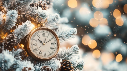 A festive Christmas tree backdrop with a vintage clock and snow-covered pinecones in the foreground.