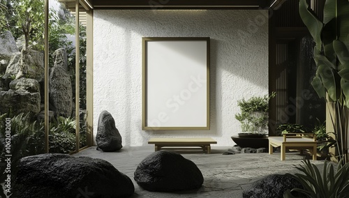 This mockup showcases an empty frame mounted on a white stone wall within a modern Japanese interior design.