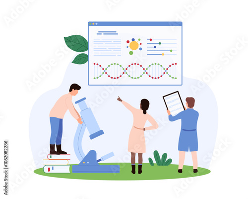 Medical researchers analyzing DNA. One uses a microscope, another points to a screen with DNA data, while a third records observations vector illustration.