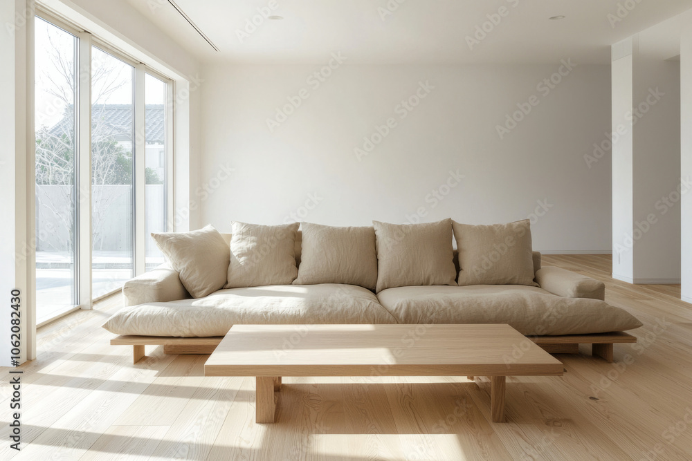 Fototapeta premium Cozy living room with a beige sofa and wooden coffee table in bright space