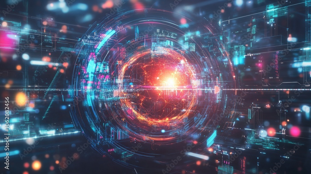 An engaging digital environment filled with futuristic AI elements, data streams, and graphic designs, ideal for tech-related visuals. An engaging digital environment filled with futuristic AI elements, data streams, and graphic designs, ideal for tech-related visuals.