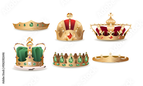 Collection Of Ornate Golden Royal Crowns And Tiaras Featuring Intricate Designs, Gemstones, And Regal Elegance