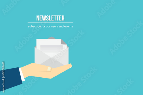 Newsletter. vector illustration of email marketing. subscription to newsletter, news, offers, promotions. a letter and envelope. subscribe, submit. send by mail.	