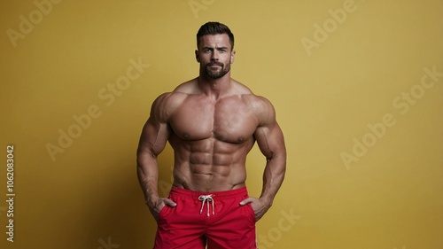 Pretty handsome man posing in swim shorts on yellow background