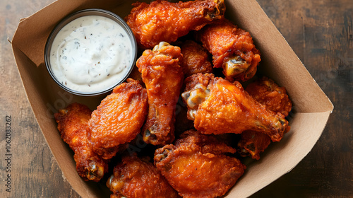 A generous portion of spicy buffalo wings served in a box, accompanied by a cool and creamy ranch dip. These wings are ideal for anyone who loves a combination of heat and creaminess, perfect for casu photo