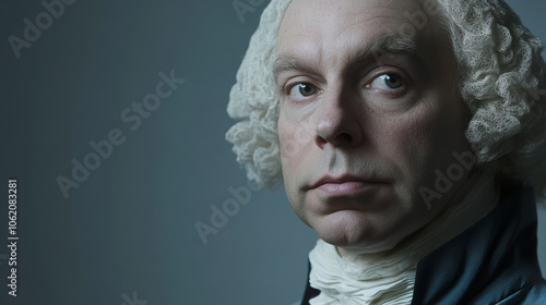 A historical reenactor portraying a distinguished figure from the 18th century in a moody setting, showcasing detailed attire and expressions photo