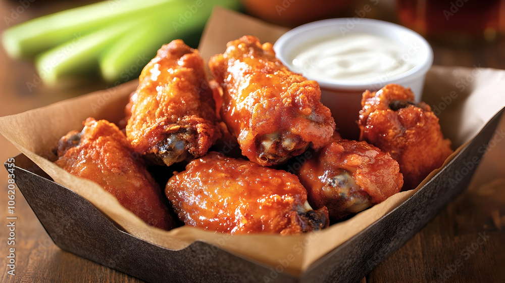 A box of hot and spicy buffalo wings, served alongside cool ranch dipping sauce. These wings are packed with flavor, offering a tangy and spicy experience for those who love a bit of heat A box of hot and spicy buffalo wings, served alongside cool ranch dipping sauce. These wings are packed with flavor, offering a tangy and spicy experience for those who love a bit of heat