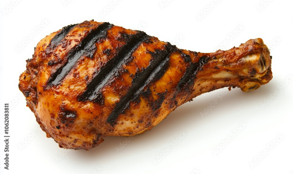 Grilled chicken leg quarter with char marks on a white plate Grilled chicken leg quarter with char marks on a white plate