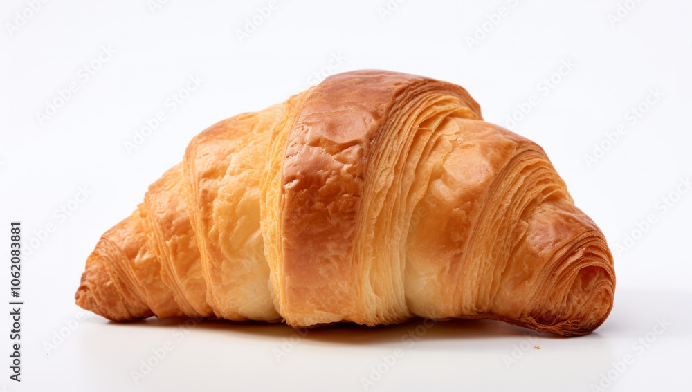 Freshly baked golden croissant on a white background, showcasing flaky layers Freshly baked golden croissant on a white background, showcasing flaky layers