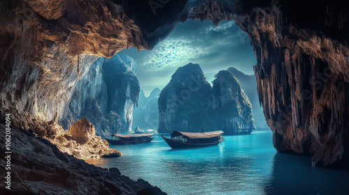 the seascape of the beautiful bay in thailand  a lot of cliffs and tourist boats 