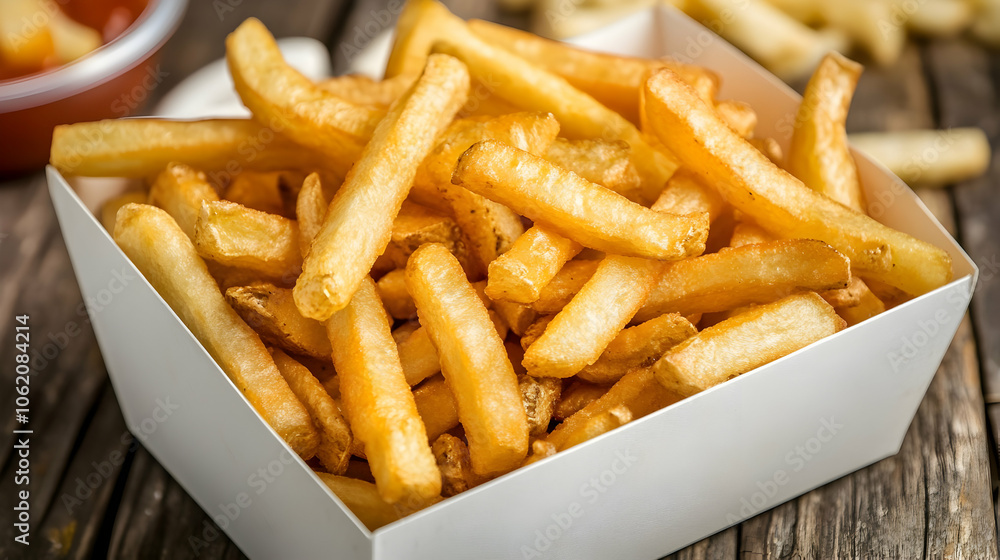 A tray filled with golden-brown French fries, perfectly seasoned and crisp, offering a delightful combination of salty flavor and crunch, ideal as a snack or side dish A tray filled with golden-brown French fries, perfectly seasoned and crisp, offering a delightful combination of salty flavor and crunch, ideal as a snack or side dish
