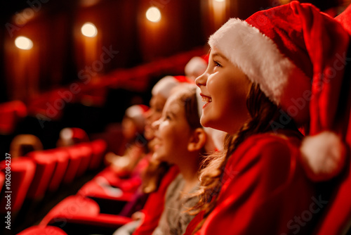 group of happy kids in santa hats watching christmas performance in a theater