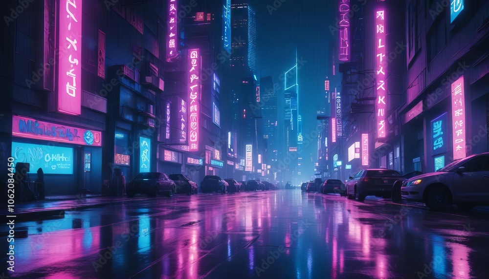 Cyberpunk Cityscape: Neon lights reflect on a rain-slicked street in a futuristic city, creating a vibrant and immersive cyberpunk atmosphere. Cyberpunk Cityscape: Neon lights reflect on a rain-slicked street in a futuristic city, creating a vibrant and immersive cyberpunk atmosphere.