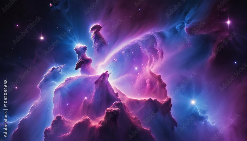 Cosmic Nebula in Vivid Hues: A breathtaking nebula bursts with vibrant purple and blue hues, its ethereal gases swirling in a cosmic dance of light and color. Stars twinkle distantly. Cosmic Nebula in Vivid Hues: A breathtaking nebula bursts with vibrant purple and blue hues, its ethereal gases swirling in a cosmic dance of light and color. Stars twinkle distantly.