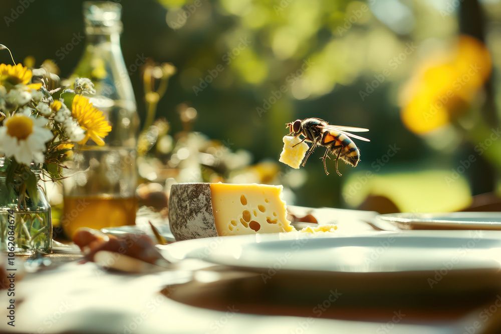 having wines and cheese board with honey and bees on the party table outdoor having wines and cheese board with honey and bees on the party table outdoor