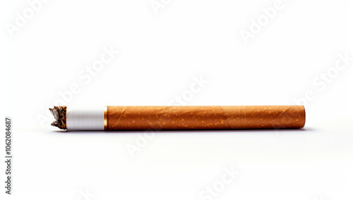 A single cigarette lying on a white background captured in clear light