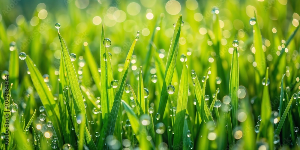 Fototapeta premium Fresh green grass background with dew drops and bokeh effect