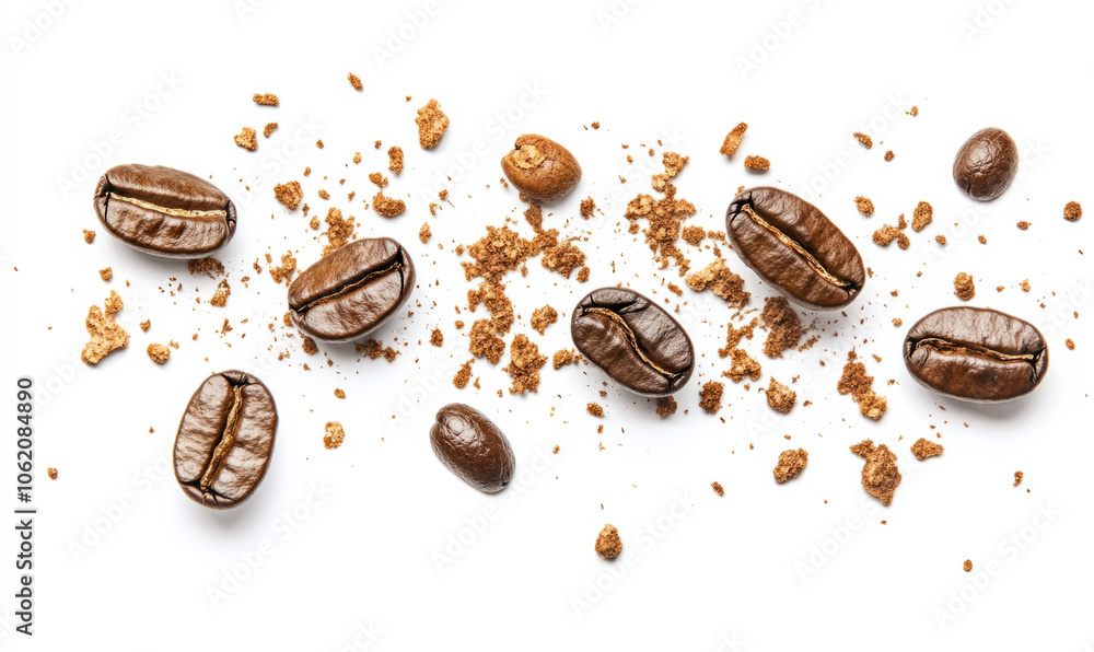 Coffee beans and ground coffee displayed on a white background Coffee beans and ground coffee displayed on a white background
