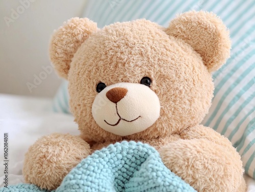 Close-up of teddy bear s face with a sad, sick expression, holding a small blanket, sick teddy bear expression