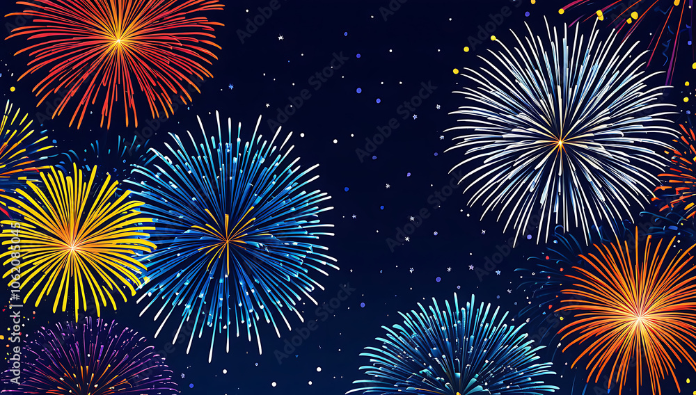 Naklejka premium a vibrant cityscape photograph featuring a nighttime skyline with a series of large, colorful fireworks exploding in the sky. The fireworks display a range of colors,