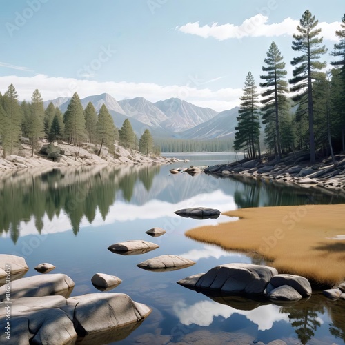 Tranquil Mountain Lake: Immerse yourself in the serenity of a mountain lake.  The crystal clear waters mirror the majestic peaks and verdant pine trees, inviting a sense of peace and awe. photo