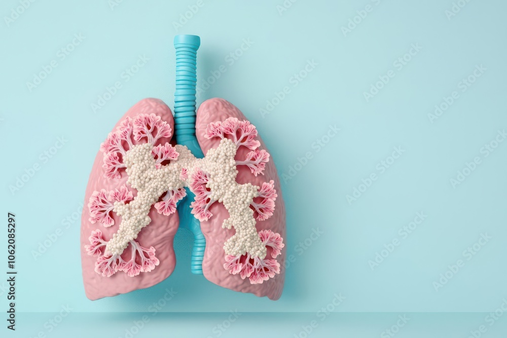 3D model of a lung illustration showing difficulty in breathing and tightness, Lung illustration with constricted airways, Detailed and educational 3D model of a lung illustration showing difficulty in breathing and tightness, Lung illustration with constricted airways, Detailed and educational