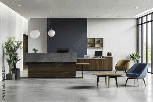 Modern and minimalist office interior featuring concrete floors and white walls with blue accents and wood details. 