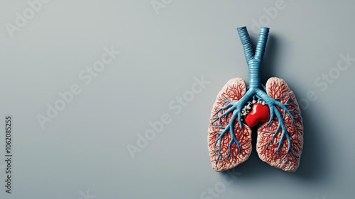 3D model of a human heart and lungs with parts compressed, indicating tightness or discomfort, Compressed heart and lung model, Detailed and educational photo