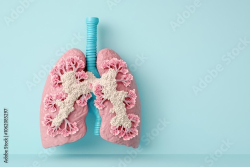 3D model of a lung illustration showing difficulty in breathing and tightness, Lung illustration with constricted airways, Detailed and educational photo