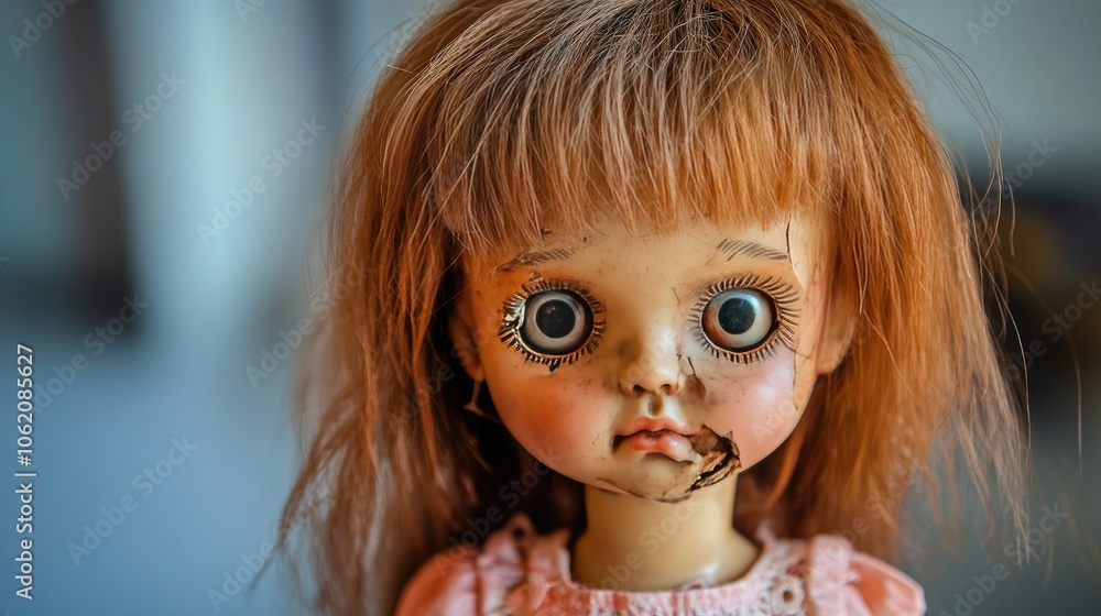 An unsettling image of a doll with disheveled hair and a cracked face, positioned on a white surface, capturing the essence of creepy toys and childhood fears. An unsettling image of a doll with disheveled hair and a cracked face, positioned on a white surface, capturing the essence of creepy toys and childhood fears.