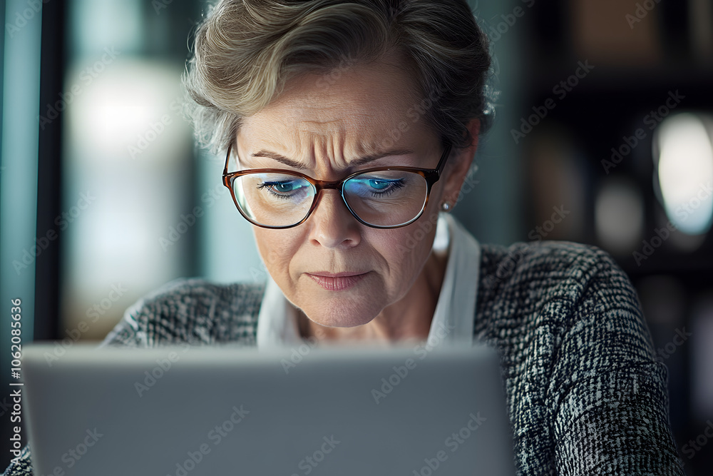Mature woman, laptop and stress in office, 404 error and manager with glasses for eyesight difficulty. Female person, taxes mistake and website glitch at accounting firm, frustrated and finance fail Mature woman, laptop and stress in office, 404 error and manager with glasses for eyesight difficulty. Female person, taxes mistake and website glitch at accounting firm, frustrated and finance fail