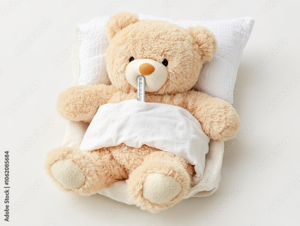 Fototapeta premium Teddy bear lying in a small bed with a tiny thermometer in its mouth, looking cozy yet unwell, sick teddy bear cute