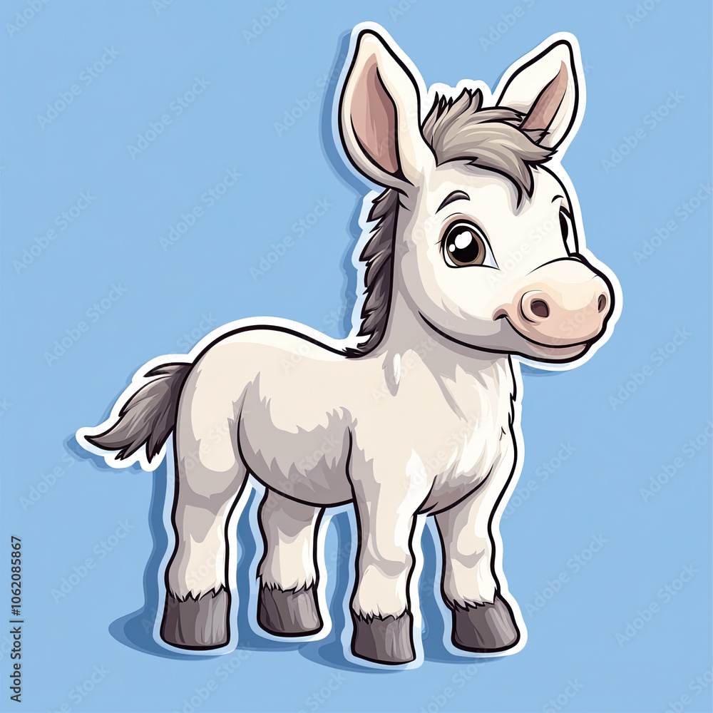 sticker, Adorable cartoon donkey with big eyes and a cheerful expression standing against a light blue background, cute animal illustration sticker, Adorable cartoon donkey with big eyes and a cheerful expression standing against a light blue background, cute animal illustration