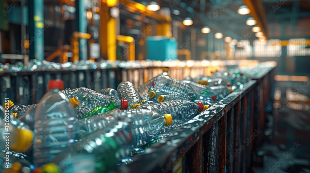 A recycling bin filled with plastic bottles in a high-tech recycling facility. The scene includes digital tracking systems and organized waste management, emphasizing sustainability and efficiency. A recycling bin filled with plastic bottles in a high-tech recycling facility. The scene includes digital tracking systems and organized waste management, emphasizing sustainability and efficiency.
