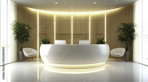 An elegant and modern reception area designed for an aesthetic clinic, featuring minimalist curved walls and stylish white furniture complemented by warm wood paneling and greenery. 