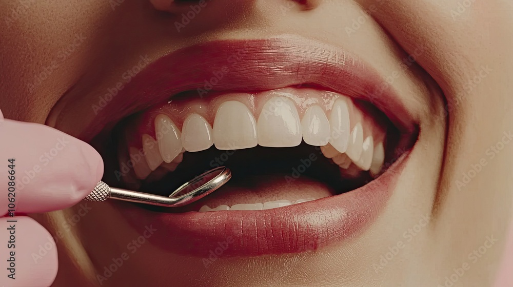 Fototapeta premium Close-up of a dentist examining healthy white teeth with dental tools.