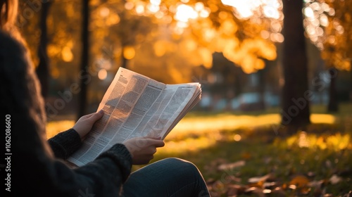 Woman Reading in Autumn Park