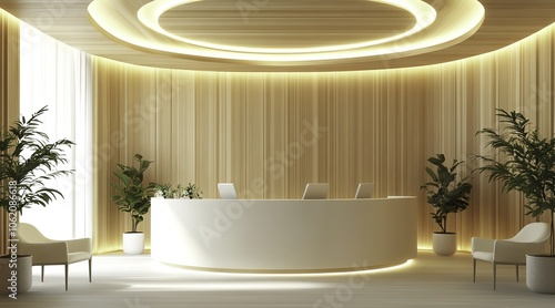 An elegant and modern reception area designed for an aesthetic clinic, featuring minimalist curved walls and stylish white furniture complemented by warm wood paneling and greenery. 