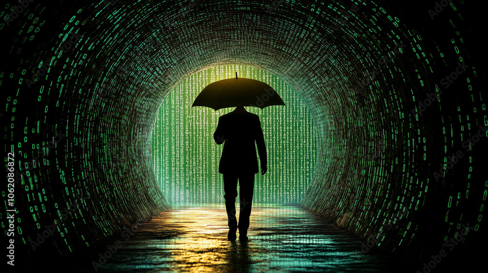 The Digital Labyrinth: A lone figure walks through a tunnel of binary code, holding an umbrella against the rain.