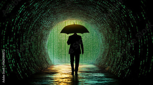 Obraz na płótnie The Digital Labyrinth: A lone figure walks through a tunnel of binary code, holding an umbrella against the rain. w salonie