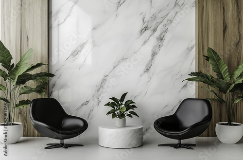Modern office reception area showcasing a stunning marble and wood-paneled wall, complemented by white walls and sleek black leather chairs. 
