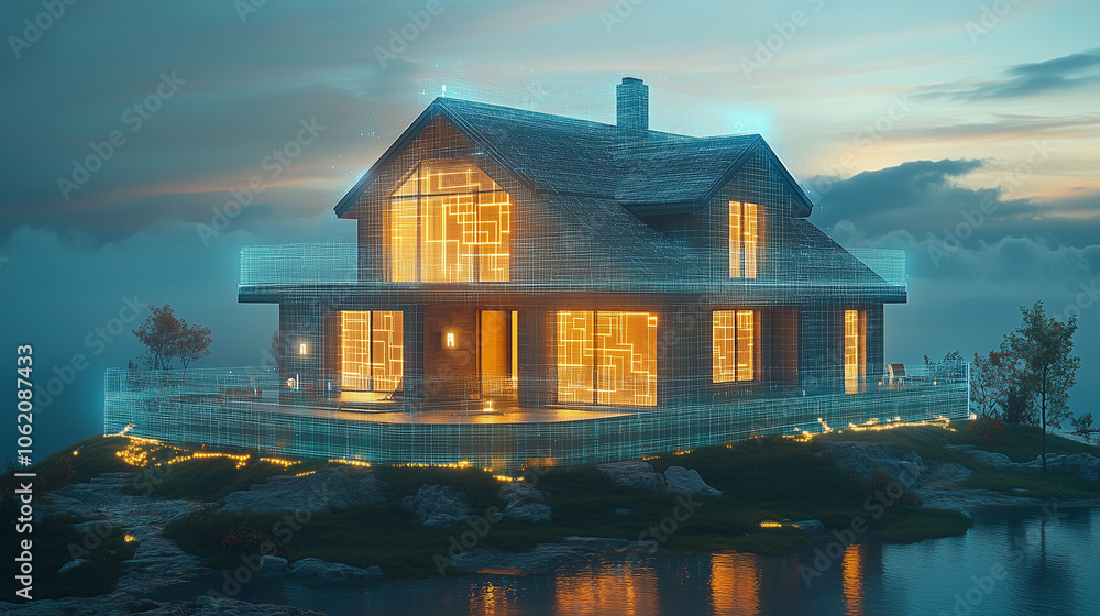 Smart Home on a Clifftop: A futuristic smart home nestled on a cliff overlooking a serene lake at twilight, showcasing intelligent home technology and luxury living. Smart Home on a Clifftop: A futuristic smart home nestled on a cliff overlooking a serene lake at twilight, showcasing intelligent home technology and luxury living.