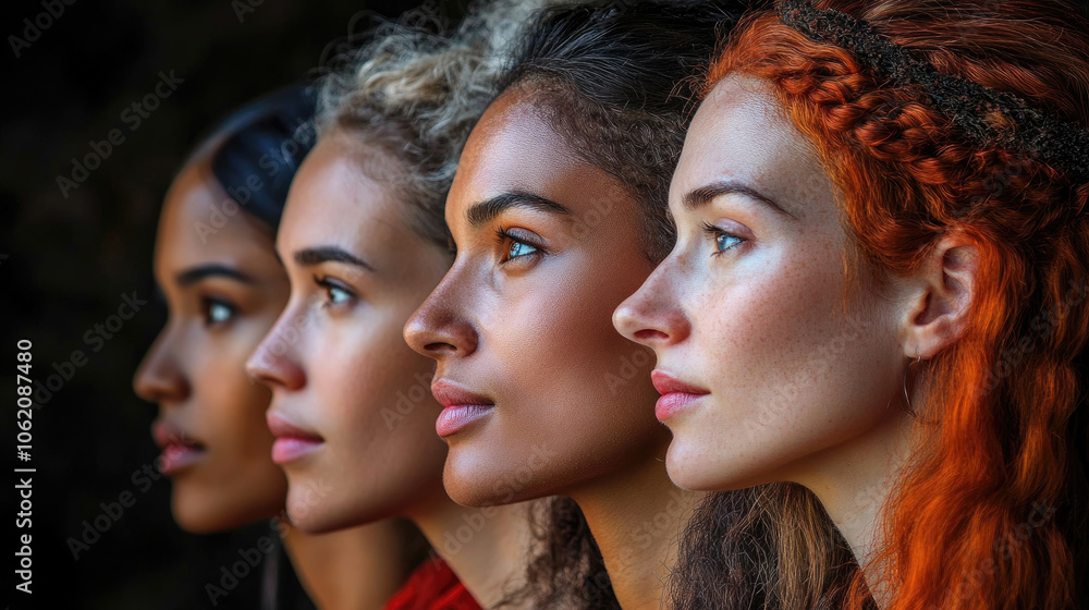 Four women with distinct hairstyles and skin tones stand side by side, expressing their unique beauty in a serene outdoor setting Four women with distinct hairstyles and skin tones stand side by side, expressing their unique beauty in a serene outdoor setting