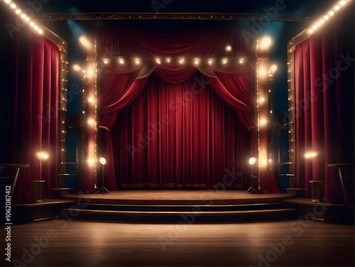 An empty theater stage with elegant red curtains and stairs