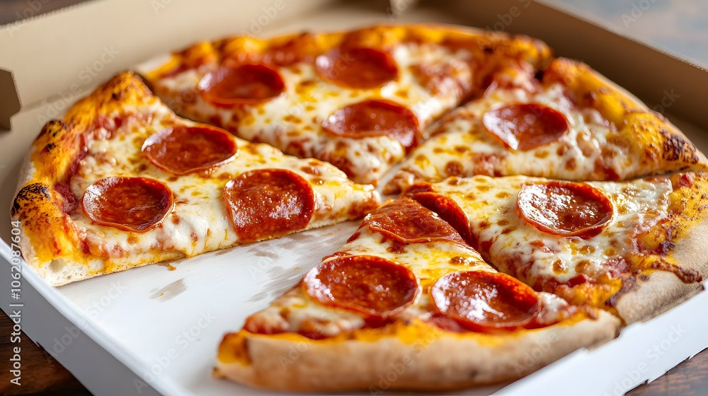 A box of freshly baked pepperoni pizza with perfectly melted cheese and a golden crust, served warm for pizza enthusiasts. A box of freshly baked pepperoni pizza with perfectly melted cheese and a golden crust, served warm for pizza enthusiasts.