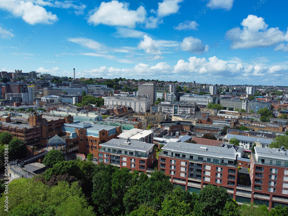 Aerial View of Buildings at Central Bristol City of Southwest of England, United Kingdom. The High Angle Footage Was Captured with Drone's Camera from High Altitude on May 27th, 2024. Aerial View of Buildings at Central Bristol City of Southwest of England, United Kingdom. The High Angle Footage Was Captured with Drone's Camera from High Altitude on May 27th, 2024.