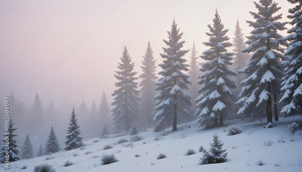 Winter Wonderland: Snow-covered evergreen trees stand tall on a gently sloping hillside, shrouded in a soft, ethereal mist. Winter Wonderland: Snow-covered evergreen trees stand tall on a gently sloping hillside, shrouded in a soft, ethereal mist.